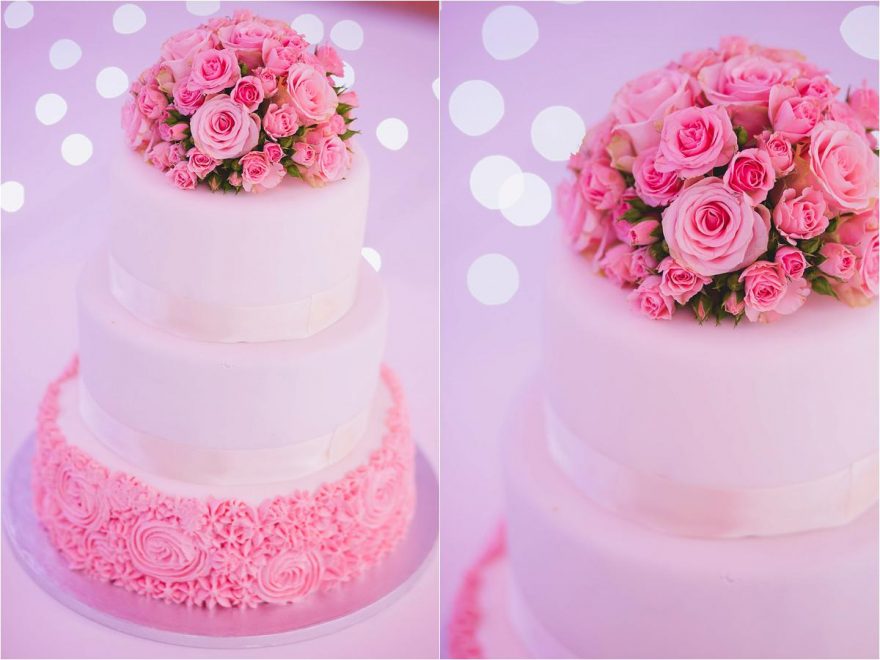 pink wedding cake with roses