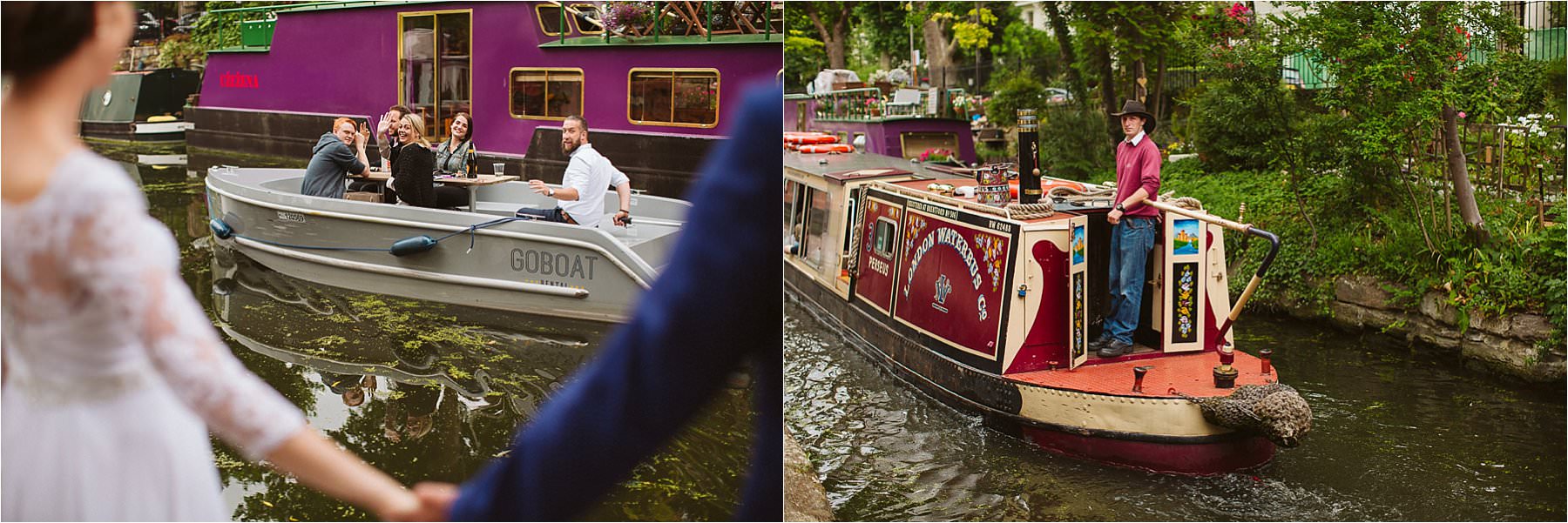 barges on a canal in Little venice wedding