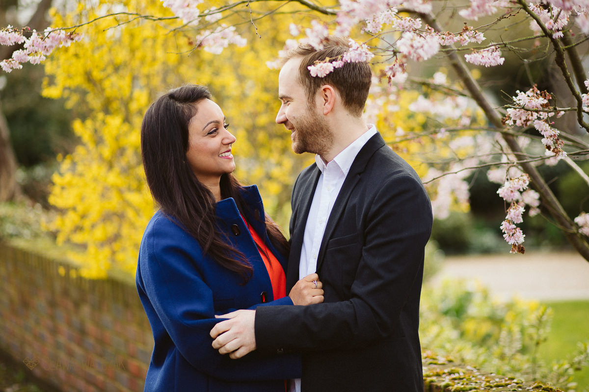 couple posing in the blossom ofr their engagement photos