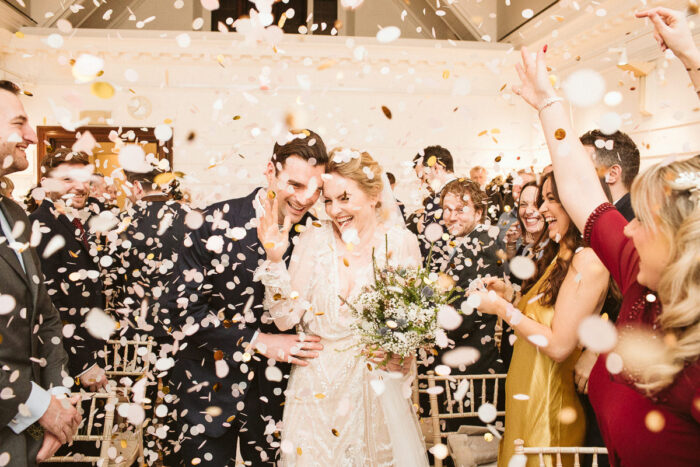 Confetti photo at a London wedding photography in Fulham Library