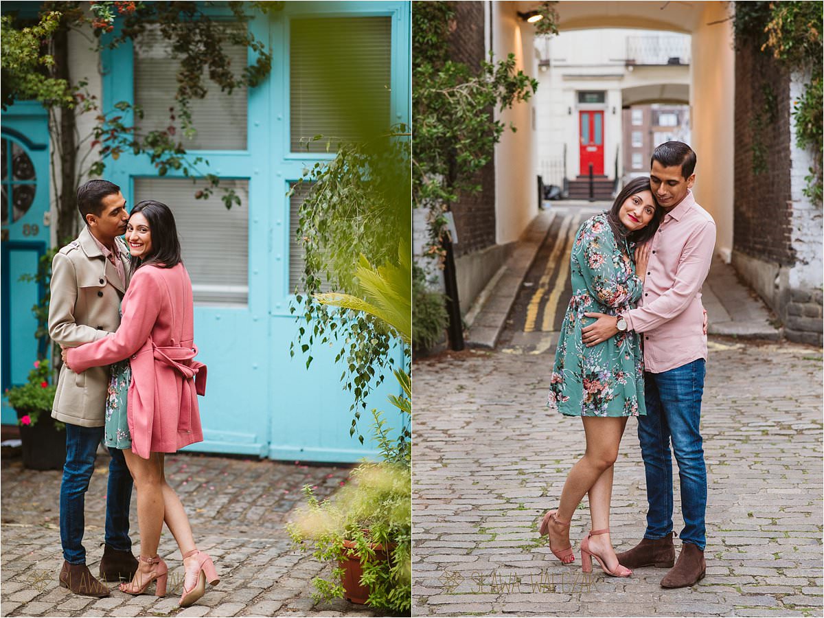 loved up Asian couple posing for ther pre wedding photoshoot on London streets