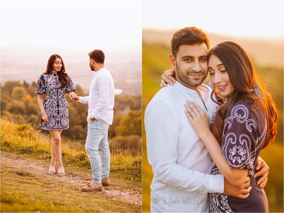 newely engaged couple posing for their sunset photos