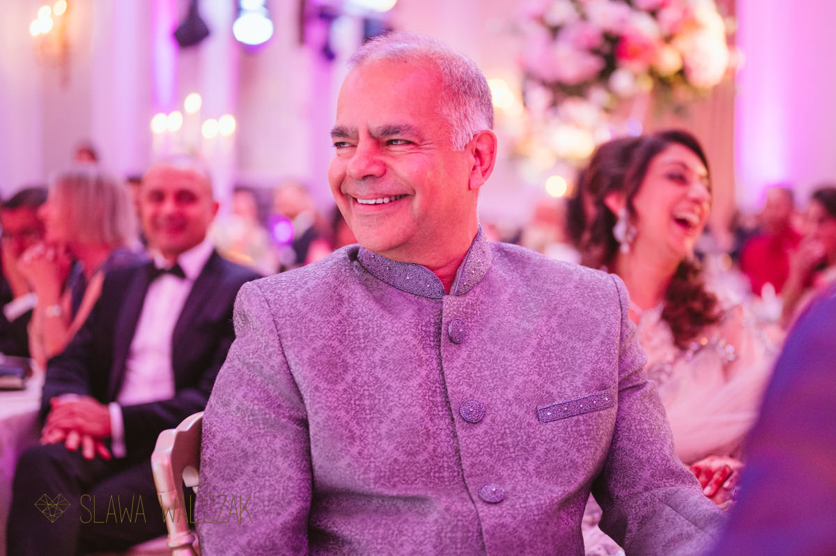 guests laughing during speeches at a wedding in Landmark Hotel London