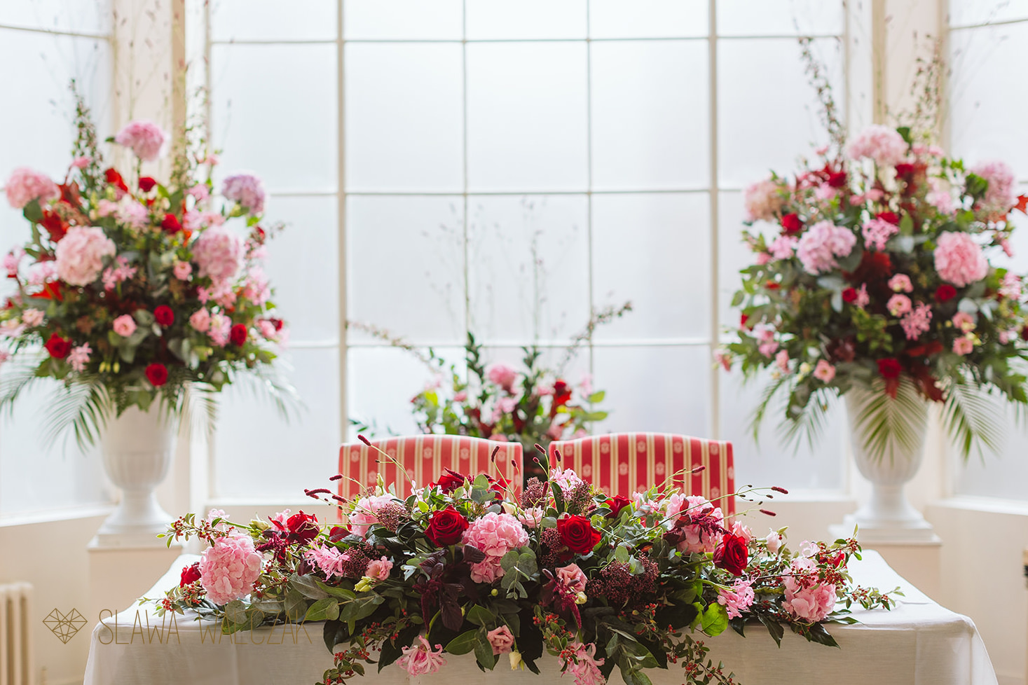 floral arrangements for a wedding at Addington Palace in Croydon
