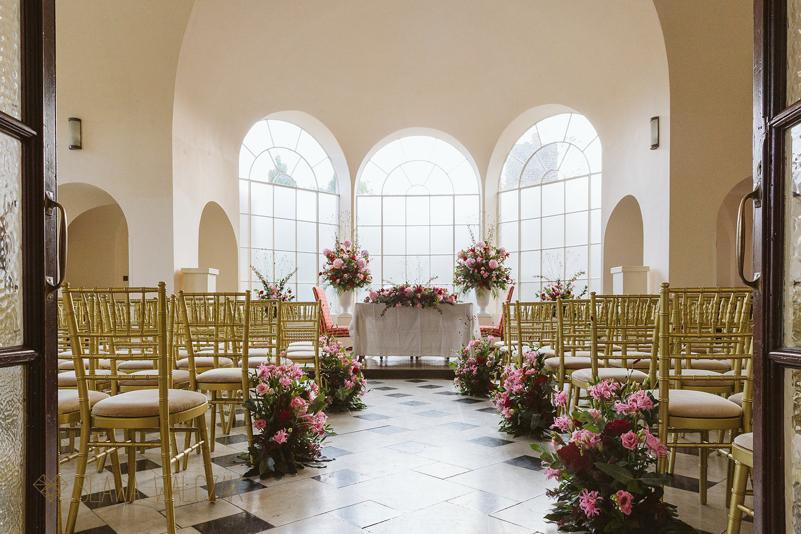 floral arrangements for a wedding at Addington Palace in Croydon